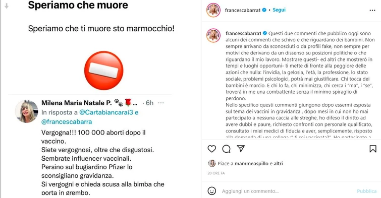 Lo sfogo di Francesca Barra pesantemente insultata sui social per essersi vaccinata in gravidanza